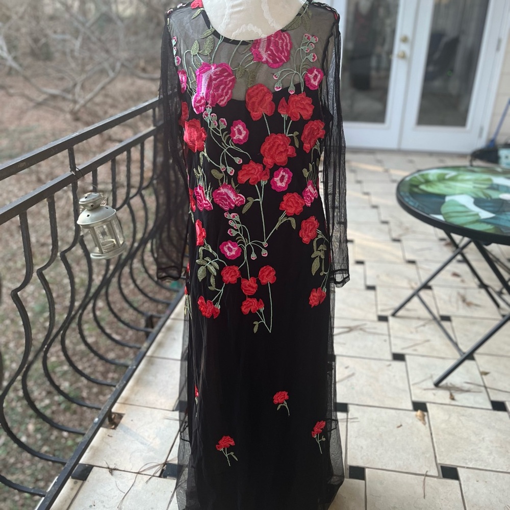 INC International Concepts Black Dress with Red Floral Embroidery